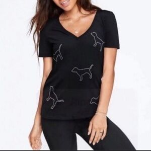 PINK Victoria's Secret Black V-Neck Tee rhinestone dog rare XS
